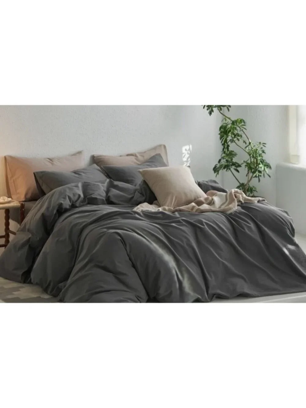 Full Duvet Cover 2 Pillowcases Set Soft Wave Stitching Dark Gray Luxury Bedding